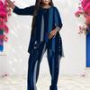 Women Plus Size Dark Blue Printed Round Neck Long Sleeve Layered Top Long Pants Set