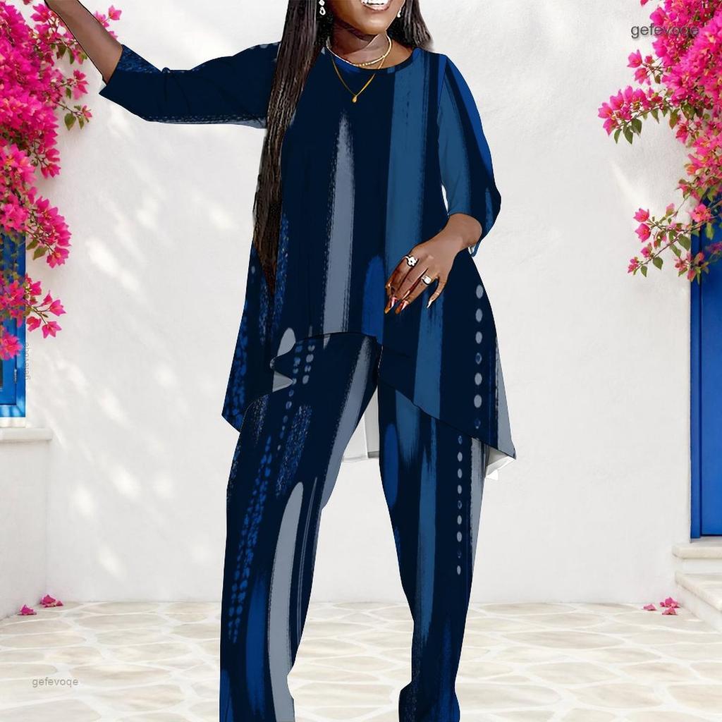 Women Plus Size Dark Blue Printed Round Neck Long Sleeve Layered Top Long Pants Set
