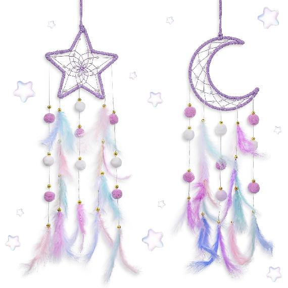 Dream Catcher Wall Hanging Set, 2 Pcs Purple Dream Catchers Wall Decor Feather Hanging Ornaments Moon Star Design Dreamcatcher for Girls Bedroom Room