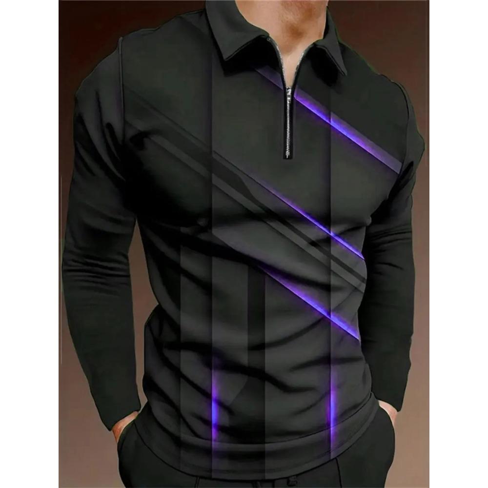 Spring and Summer Fashion Striped Casual Lapel Long Sleeved Shirt with 3D Digital Printing Zipper Polo Shirt for Men