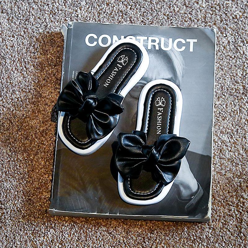 Solid Black Kids Fashion Bow Princess Shoes 2024 Summer New Britain Style Children Flat Open-toe Casual Girls PU Thick Bottom