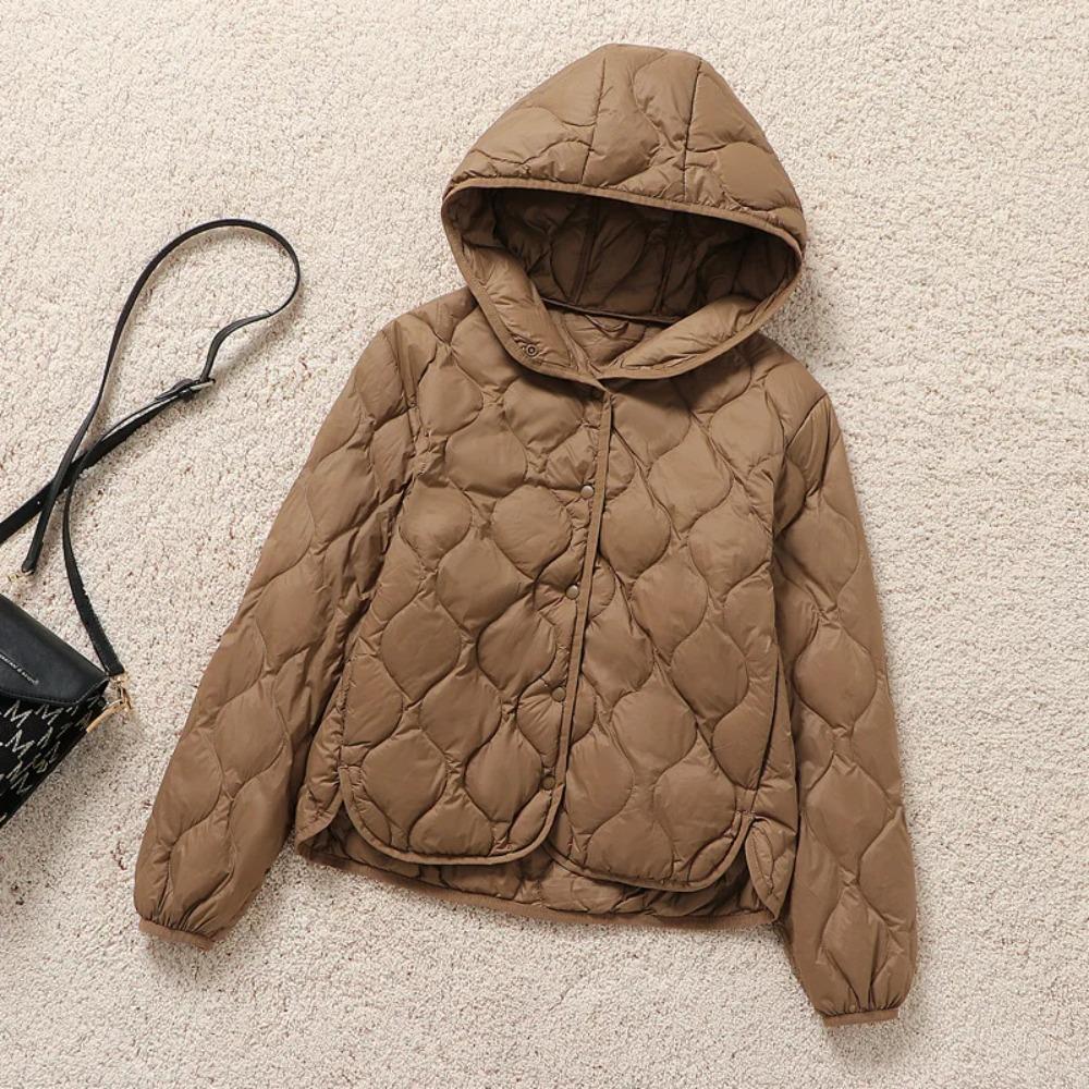 Damen Leichte Daunenjacke Mode Warm Winddicht Slim Weiße Entendaunen Kapuze Reife Damenjacke
