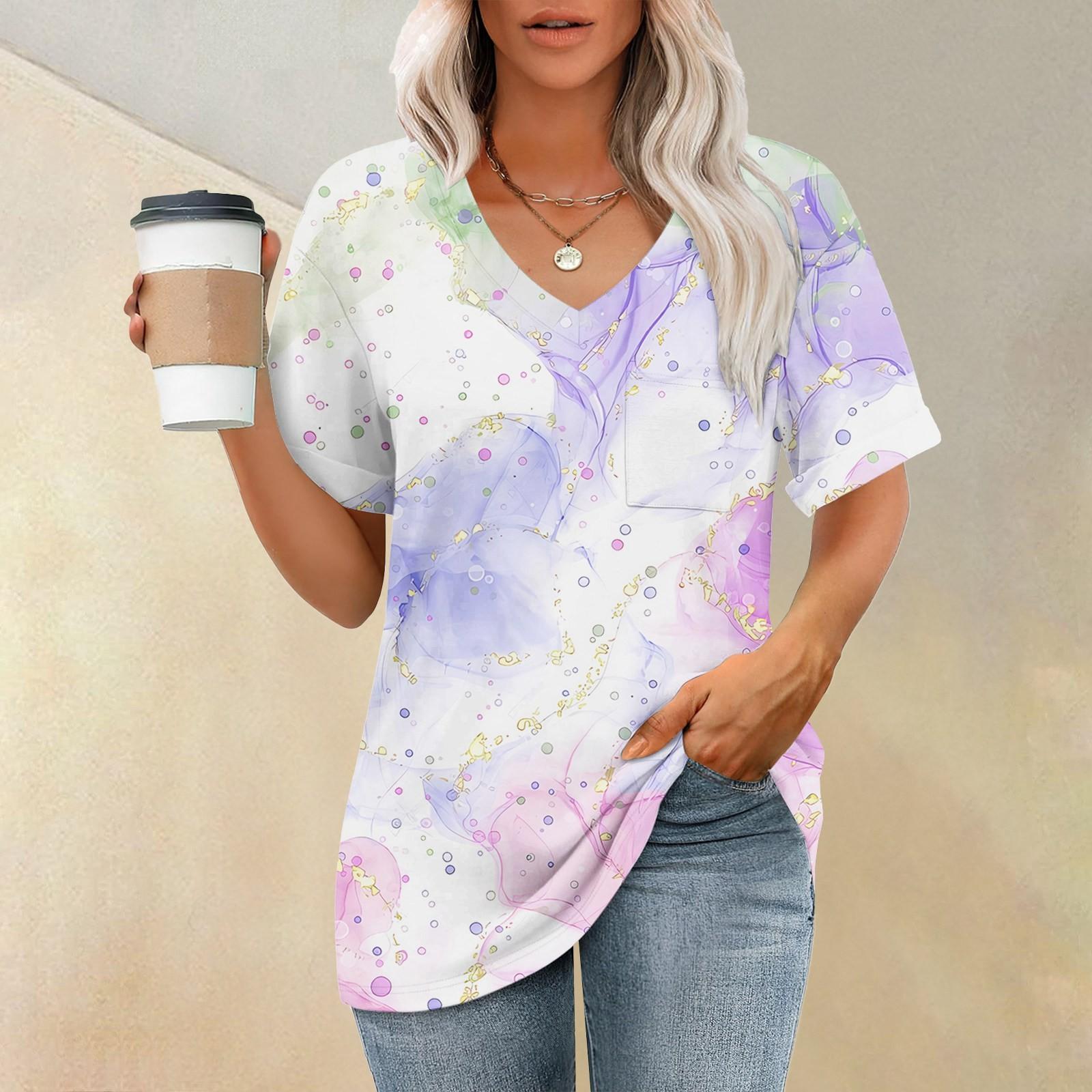 

Жіночі футболки з V-подібним вирізом і короткими рукавами Літні топи Повсякденні базові футболки Модні XL фіолетовий