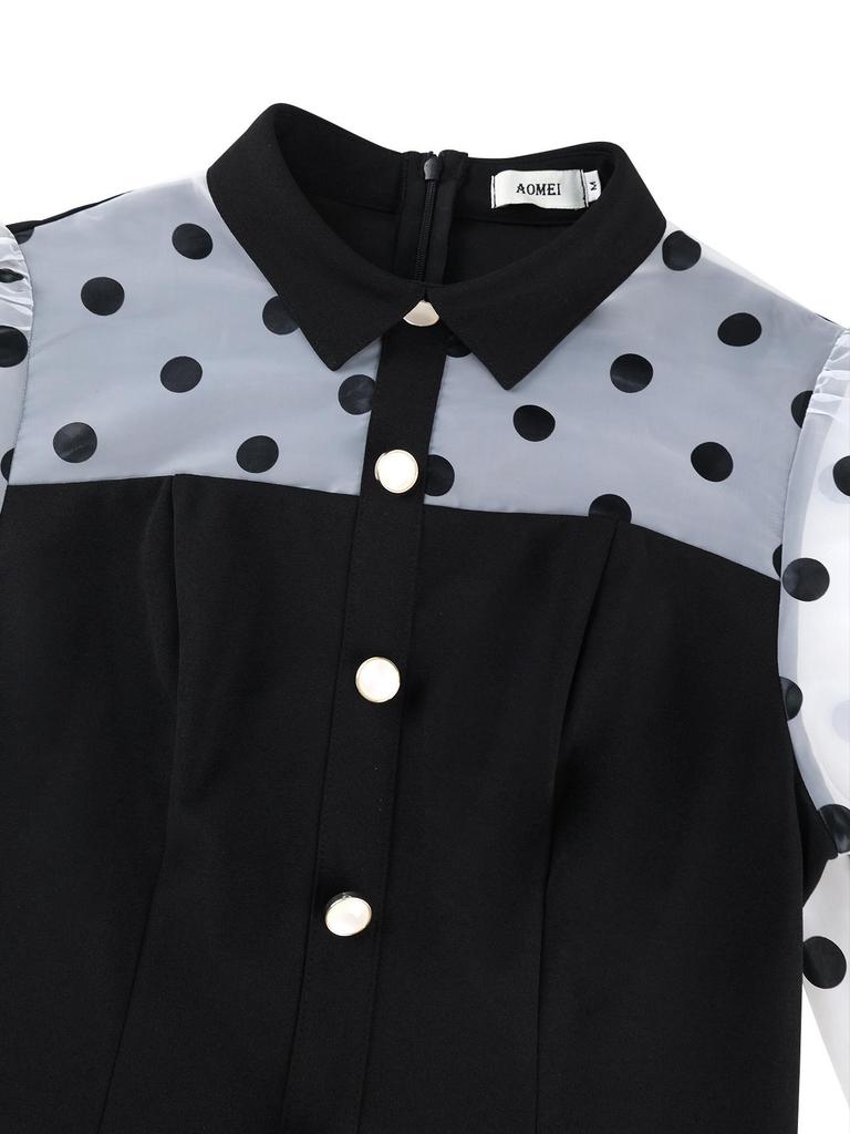 Plus Size Black & White Polka Dot Puff Sleeve Waist-Cinched Shirt Collar Work Dress