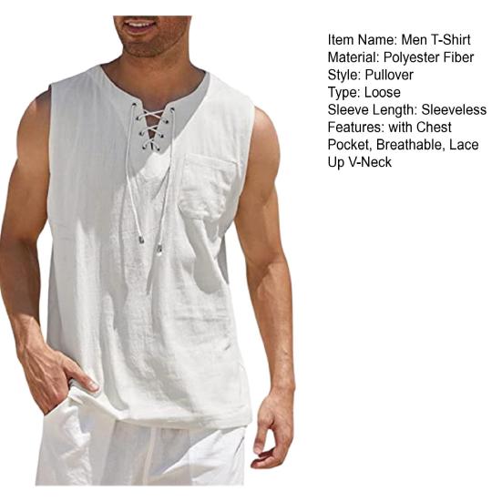 Men's Sleeveless T-shirt Lace Up V-Neck Loose Fit Blouse with Chest Pocket Solid Color Casual Summer Top for Daily Wear Gym Travel