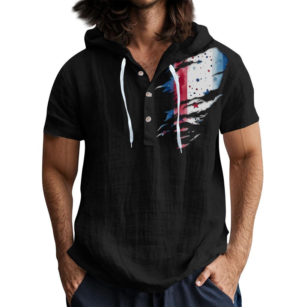 Men'S Casual Short Sleeved Hooded Top Buttoned Open Neck T-Shirt