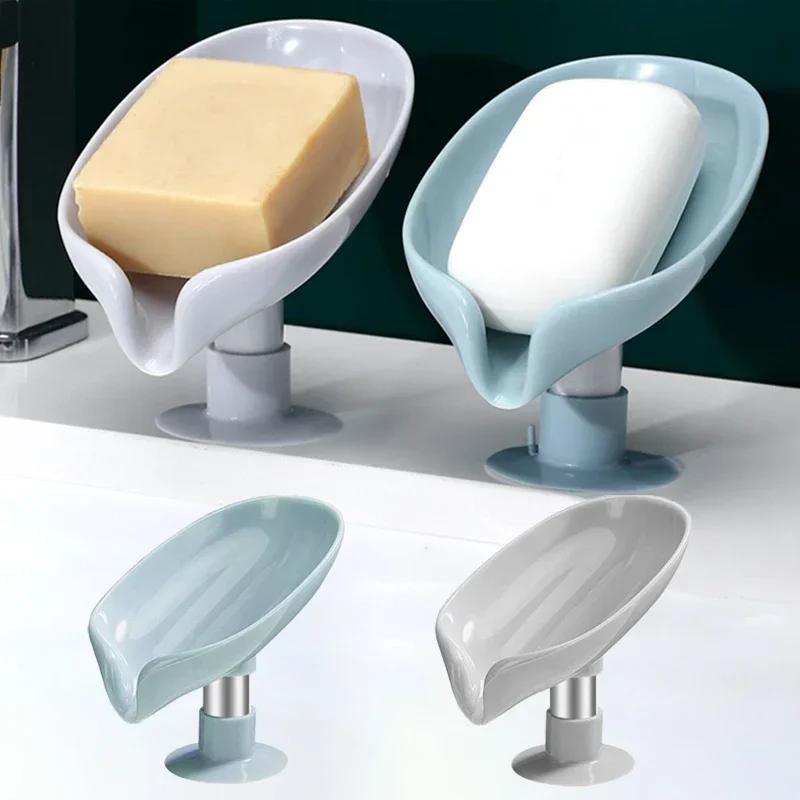 Soap Dish Holder, Nonslip Storage Tray, Suction Cup Soap Container, Bathroom and Kitchen Sponge Drain Rack, Leaf Shaped
