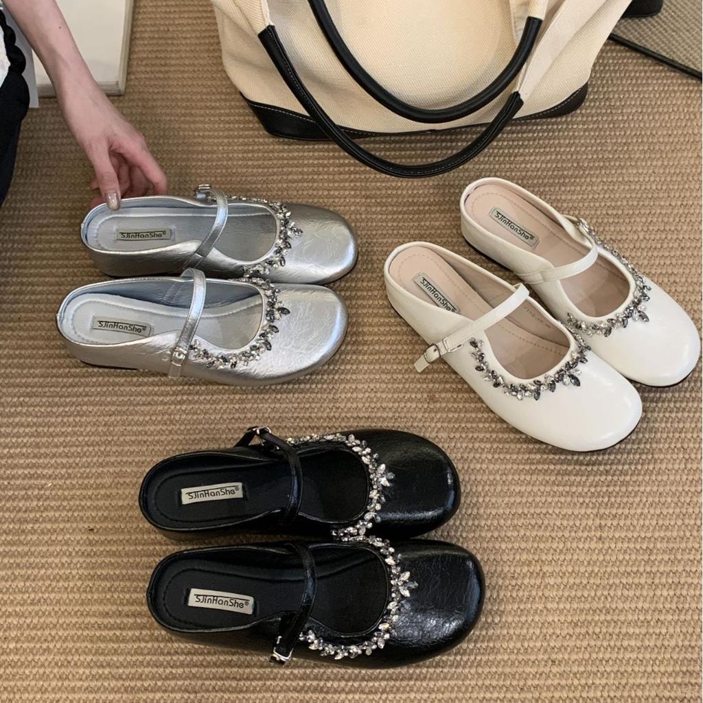 French flat-bottomed small fragrant bag head half slippers women's shoes wear 2025 new summer Mary Jane half single shoes
