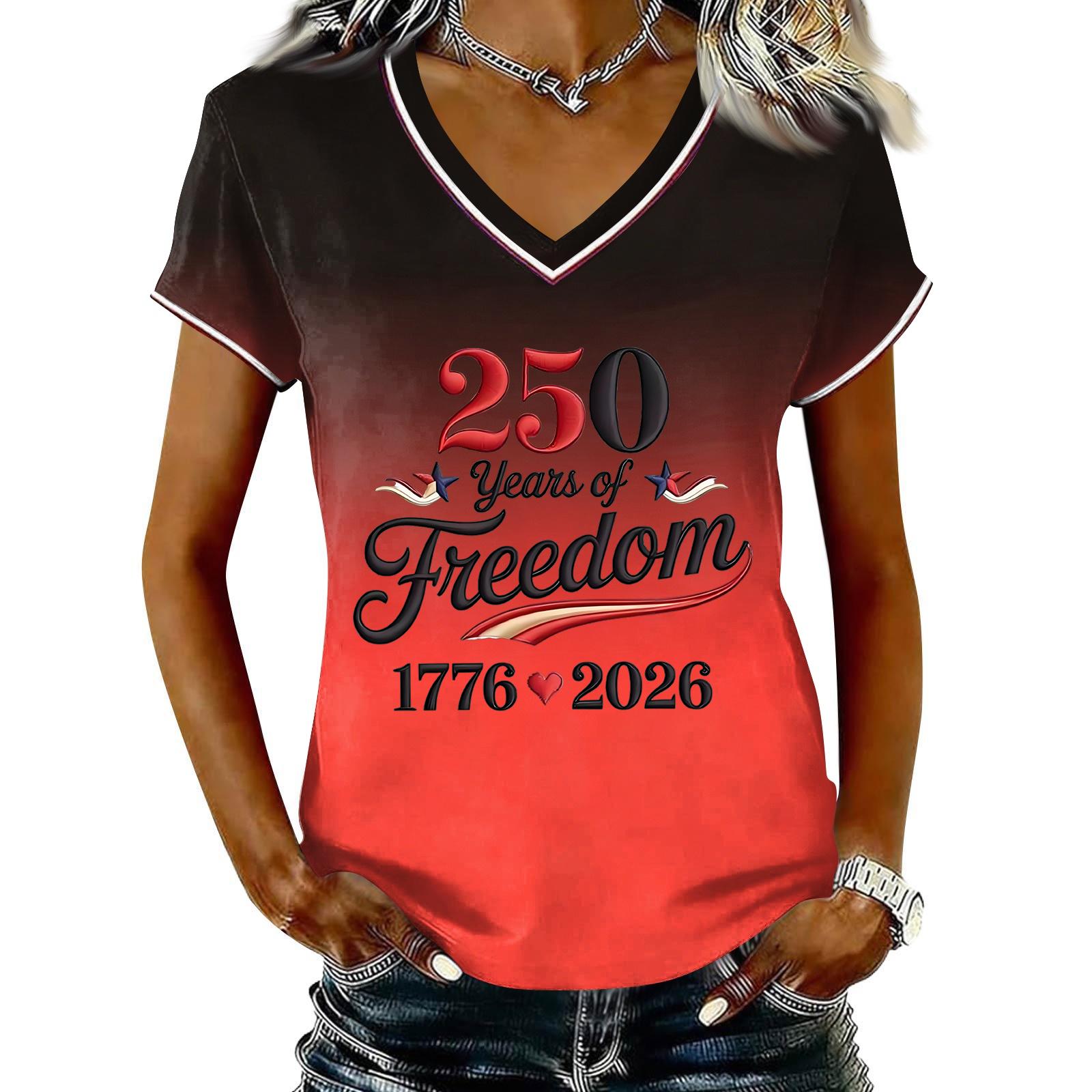 

Women V Neck Short Sleeve Pullover T Shirt Gradient Print Casual Top 250 Years of 1776 2026 Letter Graphic Tee XXL