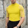 INCERUN Men's Sexy Short Sleeve Turtleneck Slim Fit See Through Mesh T-Shirt Muscle Tops Party Clubwear