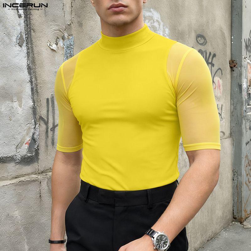 INCERUN Men's Sexy Short Sleeve Turtleneck Slim Fit See Through Mesh T-Shirt Muscle Tops Party Clubwear