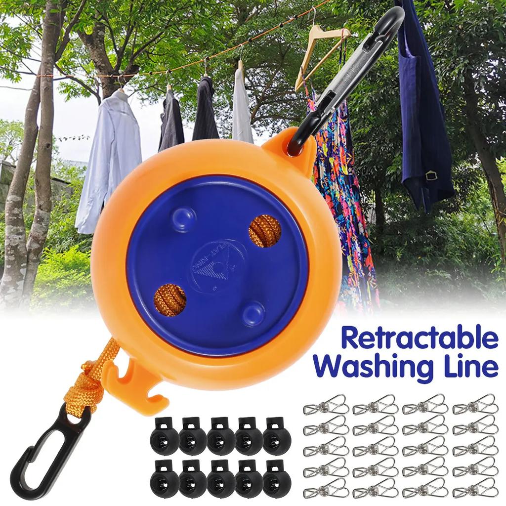 8m Clothesline Retractable Portable Travel Outdoor Camping Windproof Belt With Fixed Buckle And Clothespin Clothesline