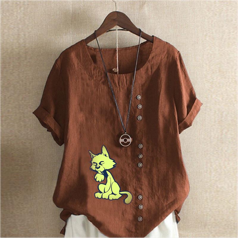 Women's Fashion Fox Print Short Sleeve T-shirt Loose Cotton Shirt Casual Loose Summer Blouse Tops Plus Size