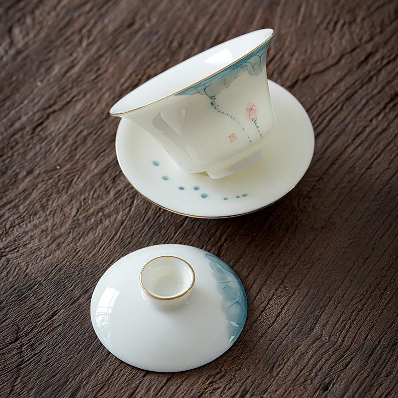 120/140ml Hand-painted Tea Tureen Fat Jade White Porcelain Gaiwan Household Ceramic Tea Infuser Traditional with Cover Teacup