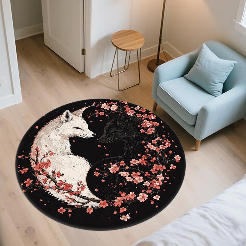 Wreath Flower Fox,Round Area Rug,Carpet Rug for Living Room Bedroom Sofa Playroom Decor,Non-slip Floor Mat
