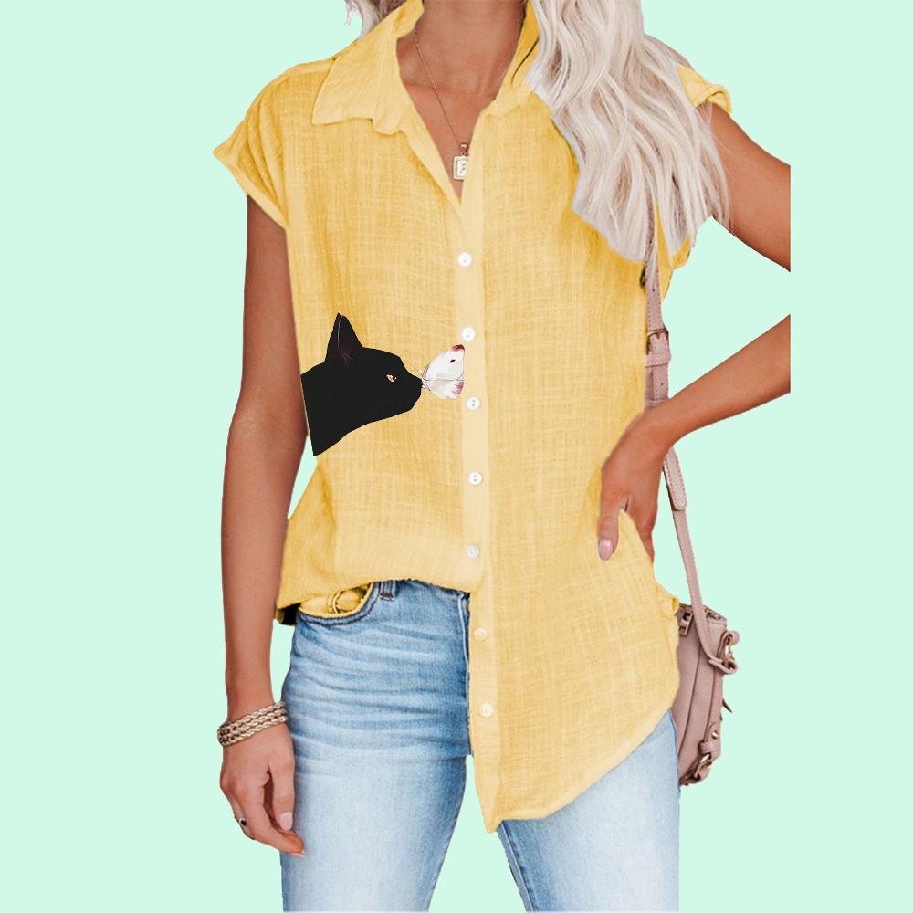 

Женская футболка с воротником с лацканами и принтом кота, модные блузки с короткими рукавами, весенне-летняя повседневная тонкая рубашка-кардиган больших размеров 5XL жёлтый