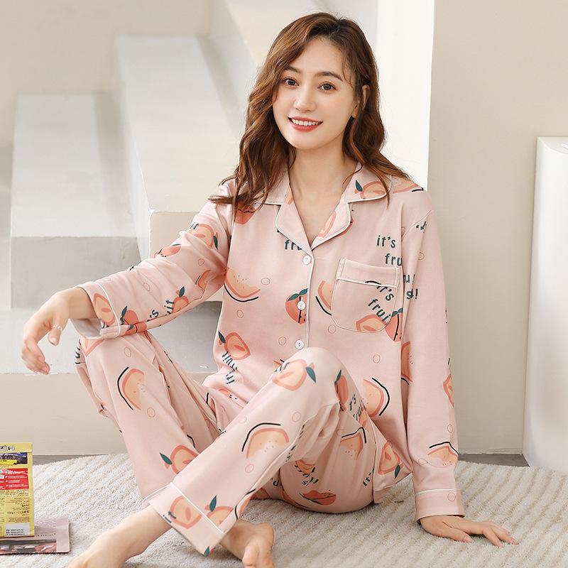 100% pure cotton pajamas women's long-sleeved printing set casual loose spring and autumn thin air-conditioned clothing loungewear can be worn outside