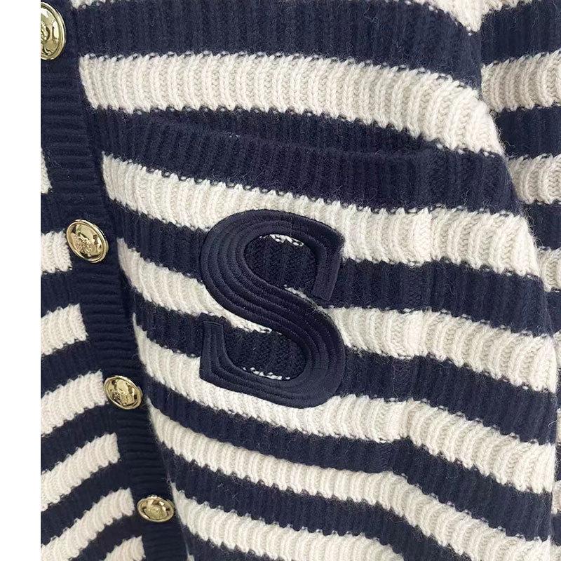 2023 Herbst/Winter Damen Gestreifte Strickjacke - Lotusblattkragen, Eleganter Wollpullover mit kleinem Duft