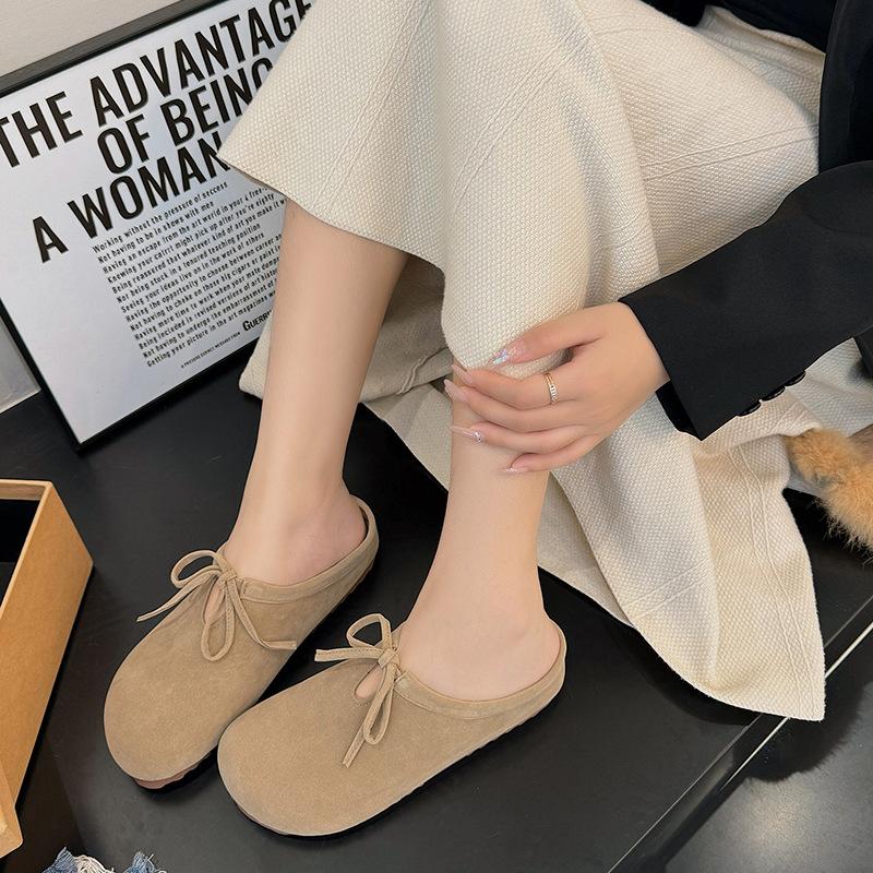 Soft Leather Thick-soled Bag Head Half Slippers Women's Outer Wear 2025 Autumn New Lace-up Pregnant Women Non-slip Ugly Boken Bento