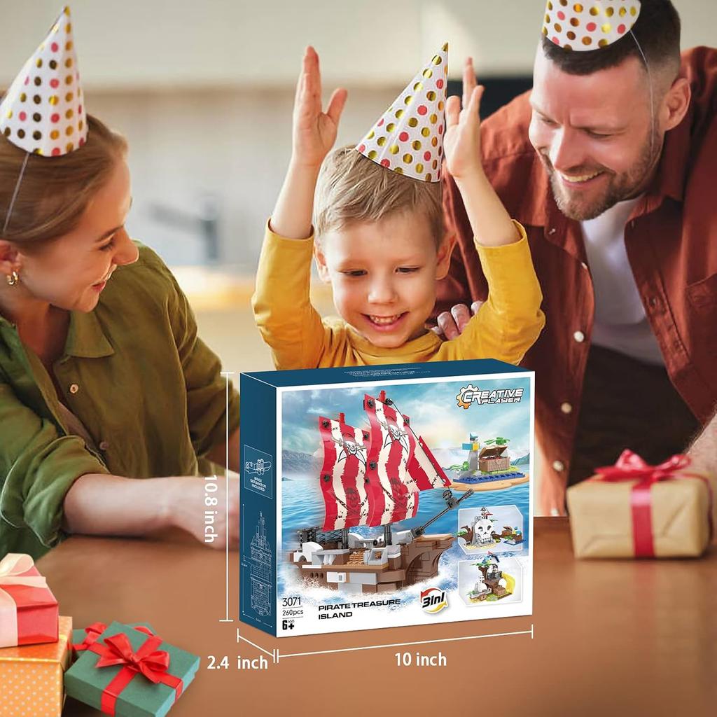 3in1 Pirate Ship Building Set with Treasure Island, Toy Pirates Island Building Kit, Outpost with Slide and Seesaw, Creative Playset Pirates Themed