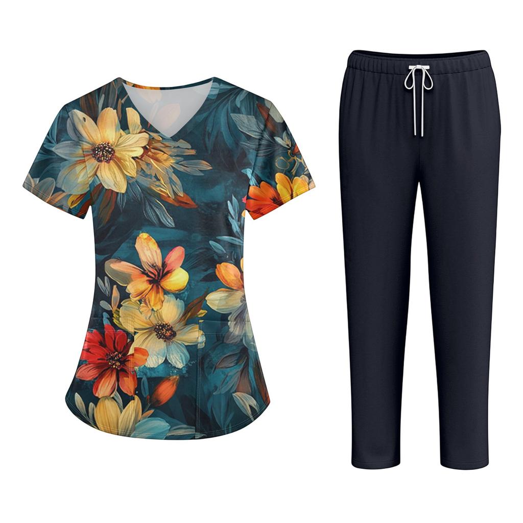 Plus SizePrinted Scrub Working Uniform Tops For Women's Cross V-Neck Halloween Print Short Sleeve Fun T-Shirts Workwear Tee With Pockets