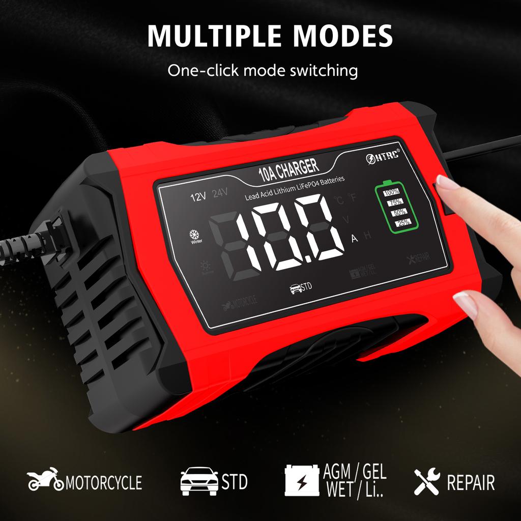 12V 24V 10A Automatické nabíjanie pre lítiové LiFePO4 AGM GEL olovené batérie Nabíjačka pre motocykle 7-stupňová nabíjačka autobatérií