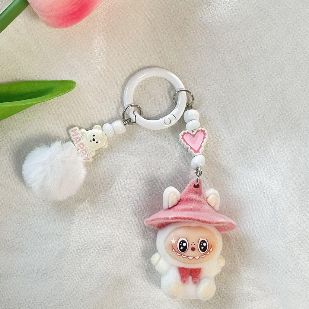 Flocking Labubu Doll Keychain - Cute 3-Year-Old Grain Doll DIY Mobile Phone Jewelry Accessory