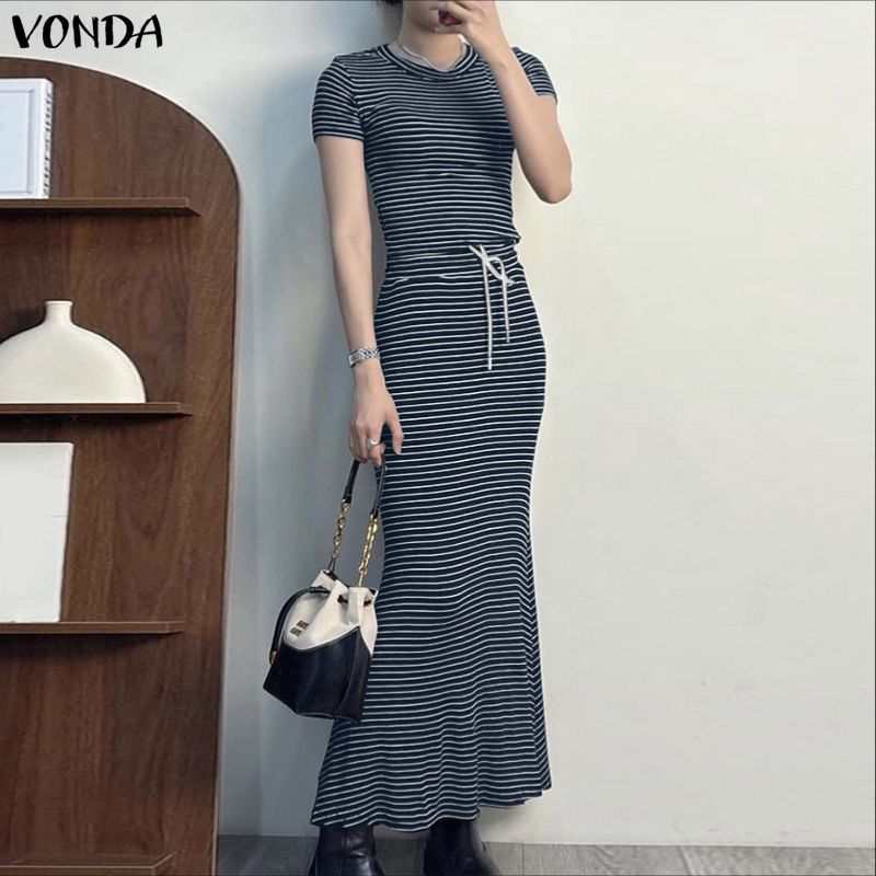 VONDA Two Pieces Women Sets Striped Short Sleeve Crop Tops and Long Skirts Outfits 