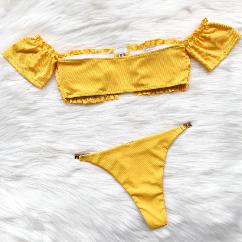 Costume da bagno da donna in pizzo tinta unita manica corta bikini sexy catena perizoma costumi da bagno brasiliani da spiaggia