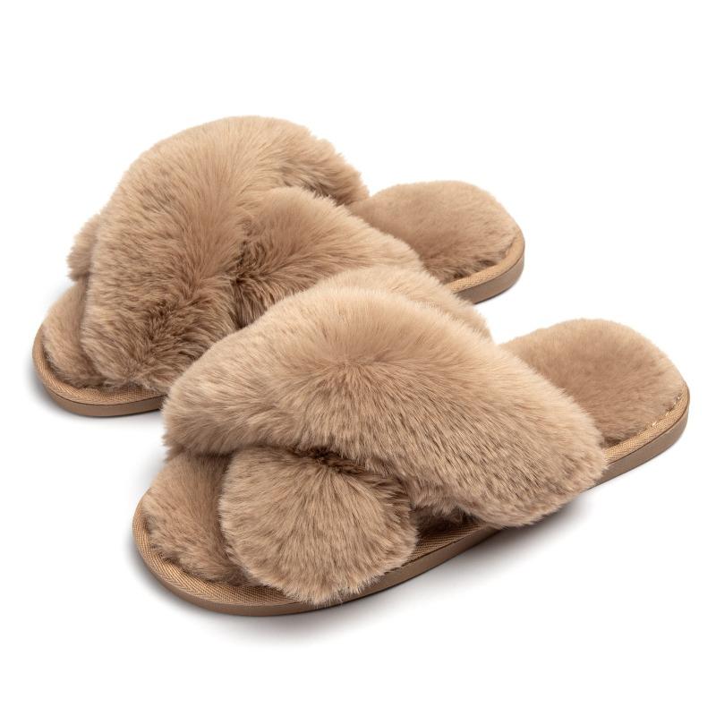 Winter Plush Cross-strapped Cotton Slippers Non-slip Indoor Soft Bottom Warm Fluffy Household Slippers Women