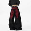 Unisex Jeans mit mittlerer Leibhöhe und weitem Bein Gerade geschnittene Denim-Hose Vintage Roter Drachen-Stickerei Hip Hop Streetwear Cargohose