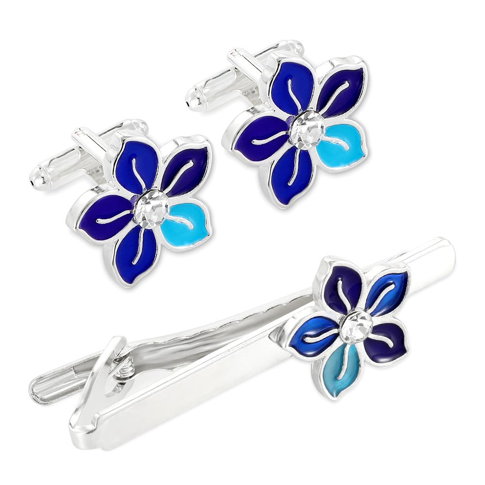 

Elegant Mens Blue Flower Sakura Cherry Blossom Design Cufflinks&Tie Clip Set Groom Party Jewelry
