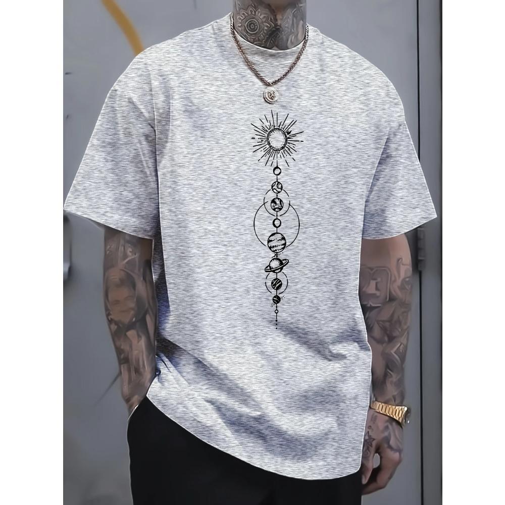 Geometric Pattern Crew Neck Short Sleeve Tee - Soft Slight Stretch  Fabric, Versatile Casual Top for Adult Men, Machine Washable