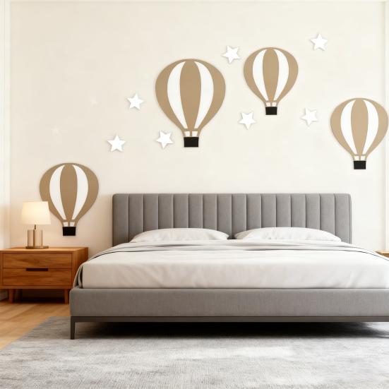 9Pcs/Set Hot Air Balloon Wall Decoration Farmhouse Rustic Wooden Balloon Star Wall Art Self-adhesive Home Office Living Room Wall Hanging Ornament