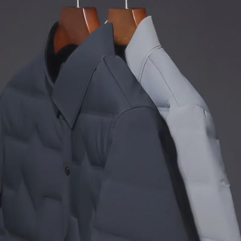 Męska Lekka Kurtka Puchowa Business Casual - Jesień/Zima Ciepła Krótka z Białego Puchu Kaciego z Kołnierzykiem Koszulowym