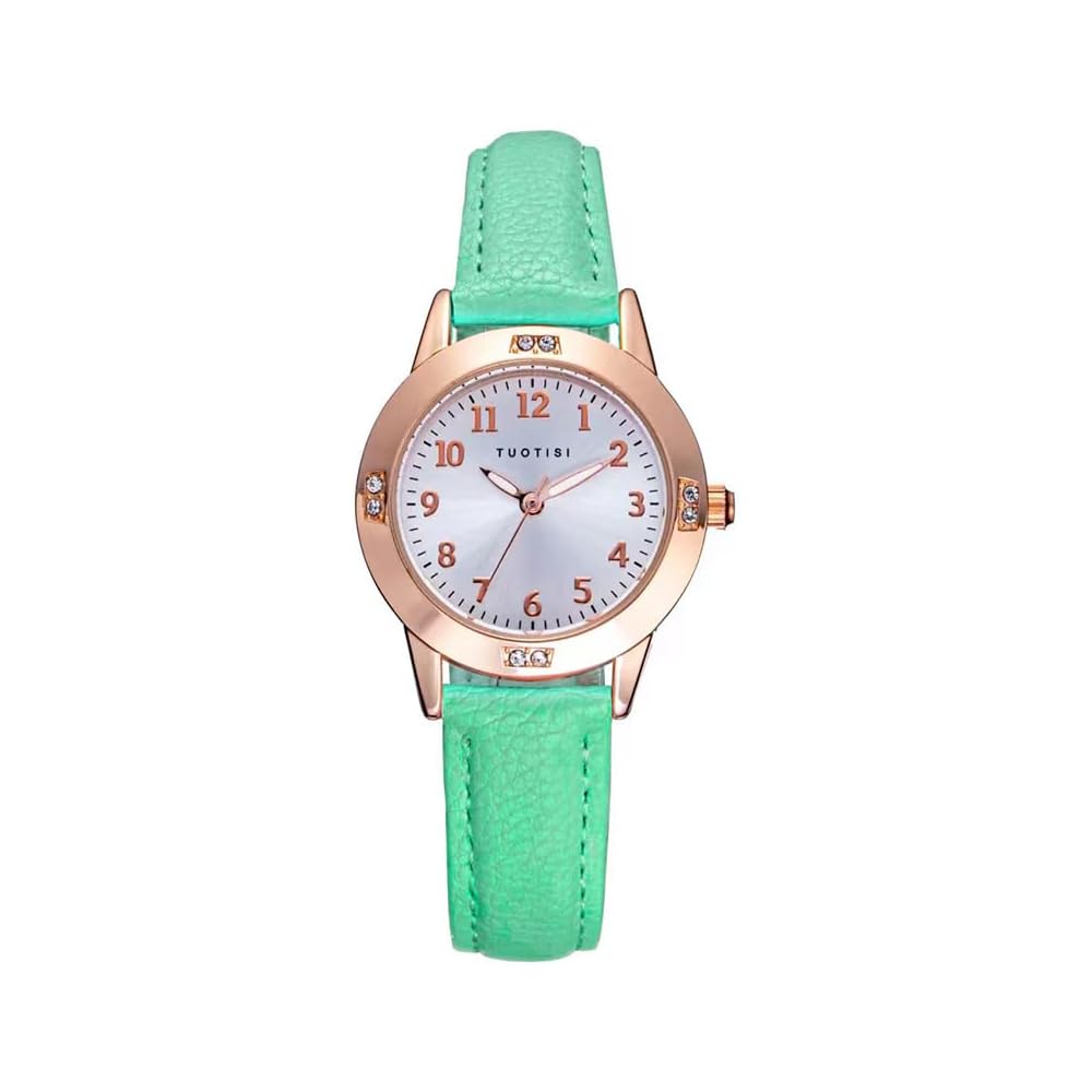 Girls Quartz Round Face Analog Watch with Arabic Numerals Daily Waterproof Cute Design for Women and Students Green