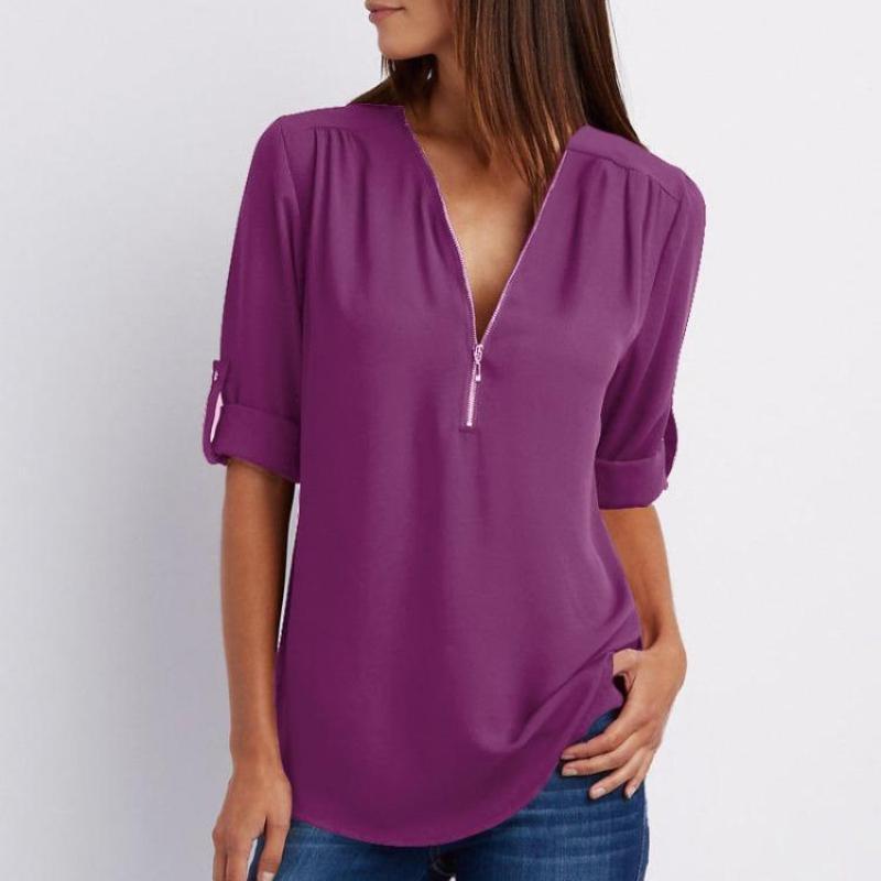 Camicia a maniche lunghe in chiffon con scollo a V e cerniera, taglie forti, da donna, con maniche regolabili