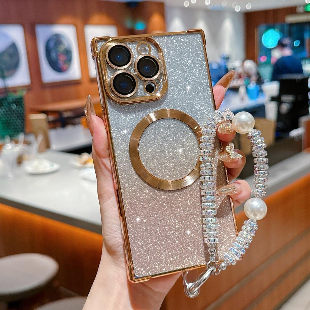 Electroplated magnetic glitter mobile phone case is suitable for Apple 16PRO pearl bracelet 14/13 right angle anti-drop protective cover