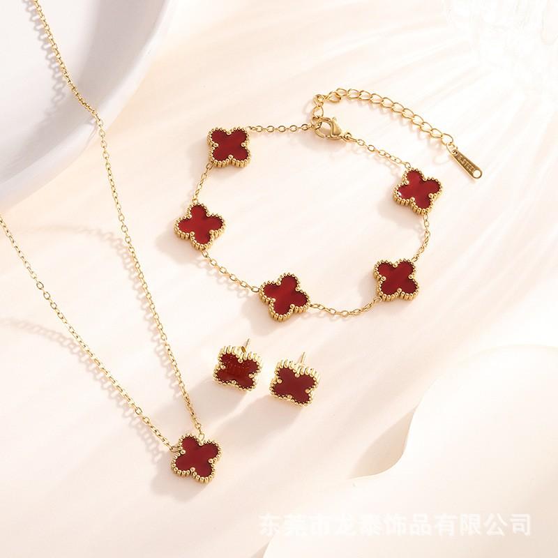18 Karat Vergoldetes Kleeblatt Halskette Armband Anhänger Ohrring Set Damen Mit Perlmutt Charme
