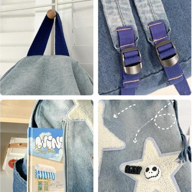Gradientní džínový hvězdný batoh ve vintage stylu, unisex školní taška pro teenagery a vysokoškoláky, lehký prodyšný cestovní denní batoh