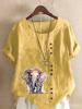 Women's Fashion Elephant Print Casual Cotton Linen Short Sleeve Round Neck T-shirt Shirt Leisure Loose Summer Blouse Tops