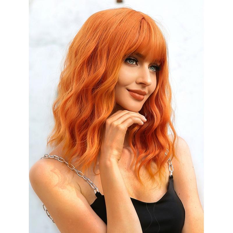 Perucă ondulată de lungime medie roșu maro blond portocaliu cu breton Peruci sintetice din păr natural pentru femei Perucă zilnică rezistentă la căldură