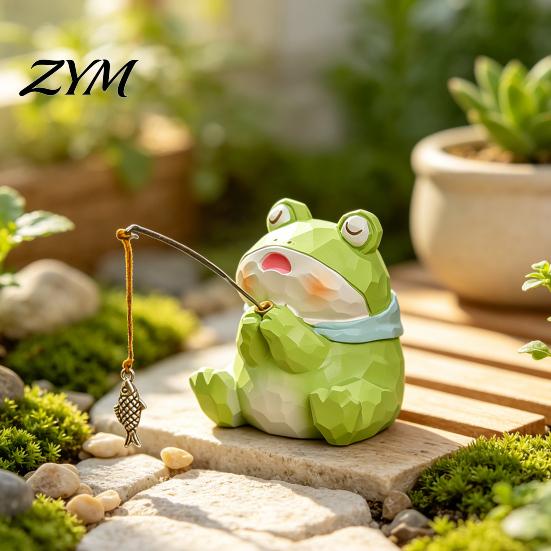 Resin Fishing Cat Frog Panda Figurines Leisure Frog/Cat/Panda/Bear Statue Ornaments, Clear Mini Vases Miniature Unique Animal Themed Home Decor