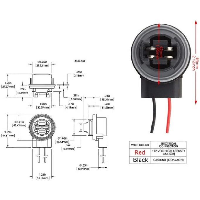 3156 2-Tab Socket w/ Pre-Wire Harness For Repair, Replacement, tall LED Bulbs