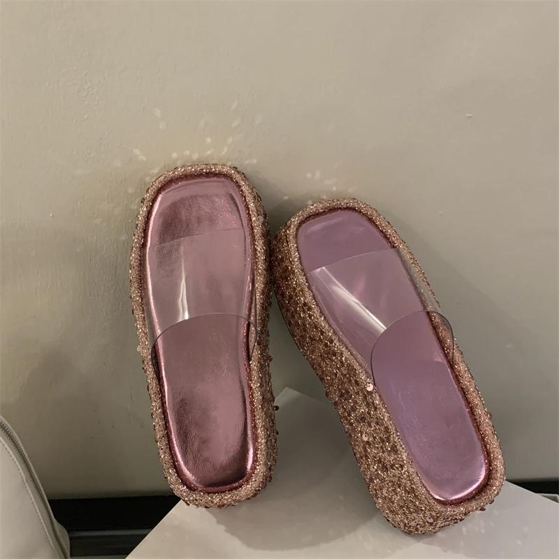 Summer Fashion Bling Sequin Cloth Square Toe Platform Wedge Heels Slippers Woman Banquet Sandals Slide Shoes