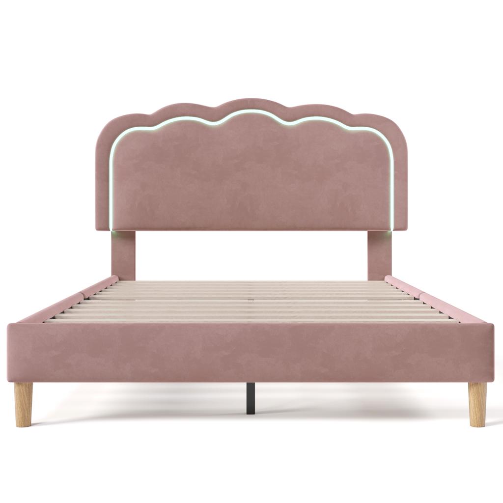 Letto imbottito LED Matrimoniale 140 x 200cm, Struttura letto con rete a doghe e testiera regolabile, in Rosa, Letto per ragazzi/e Camera da letto Stanza degli ospiti-Velluto