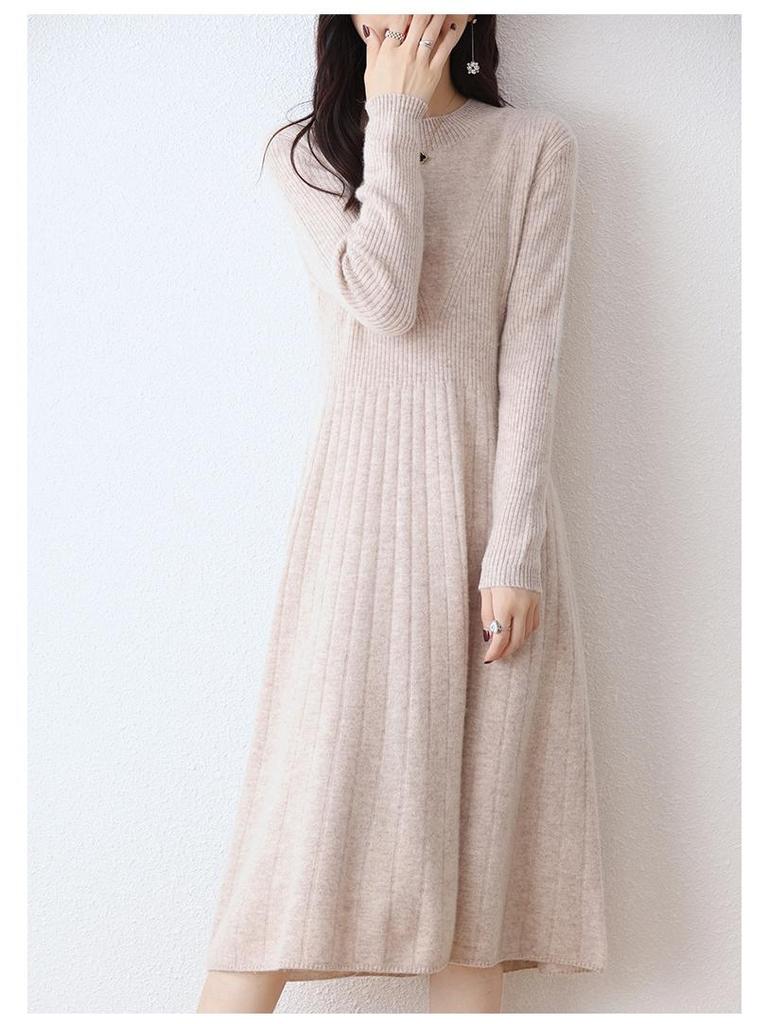 Women's Wool Round Neck Long Sweater Dress - Autumn/Winter Slim Knit Versatile Outerwear