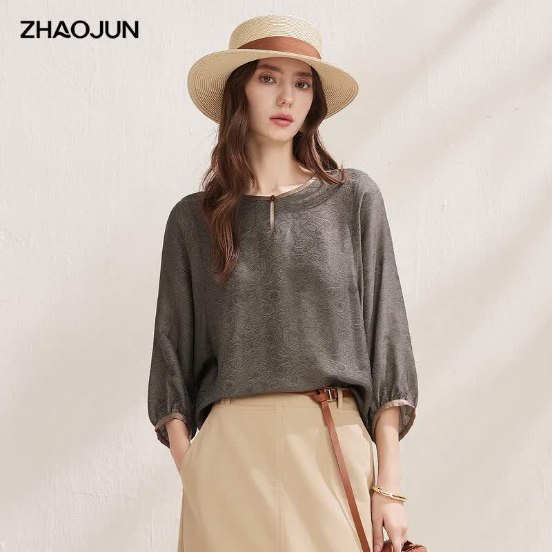 New Chinese Style Jacquard Silk Blend Seven-Sleeve Loose Top L
