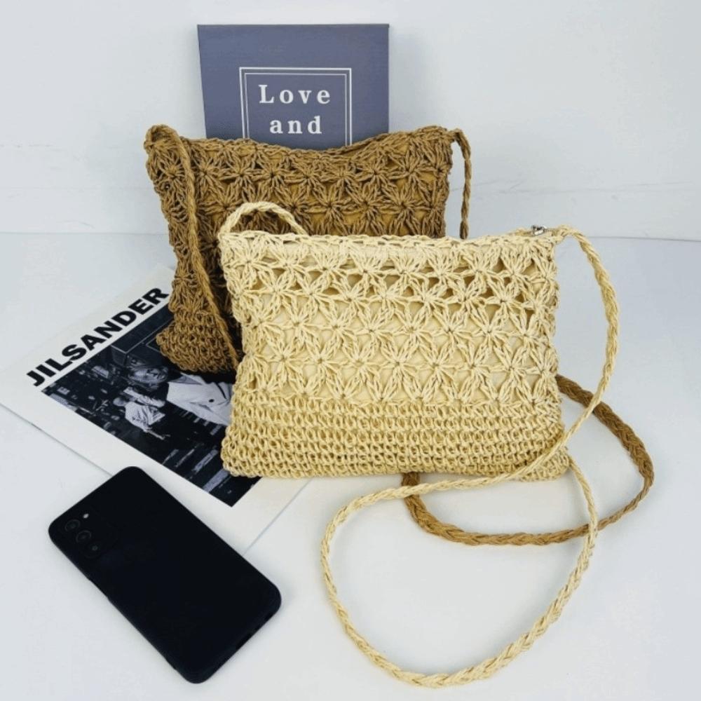 New Straw Woven Crossbody Bag Lightweight Beige Khaki Beach Shoulder Bag Hollow Style Ladies Woven Pouch for Vacation