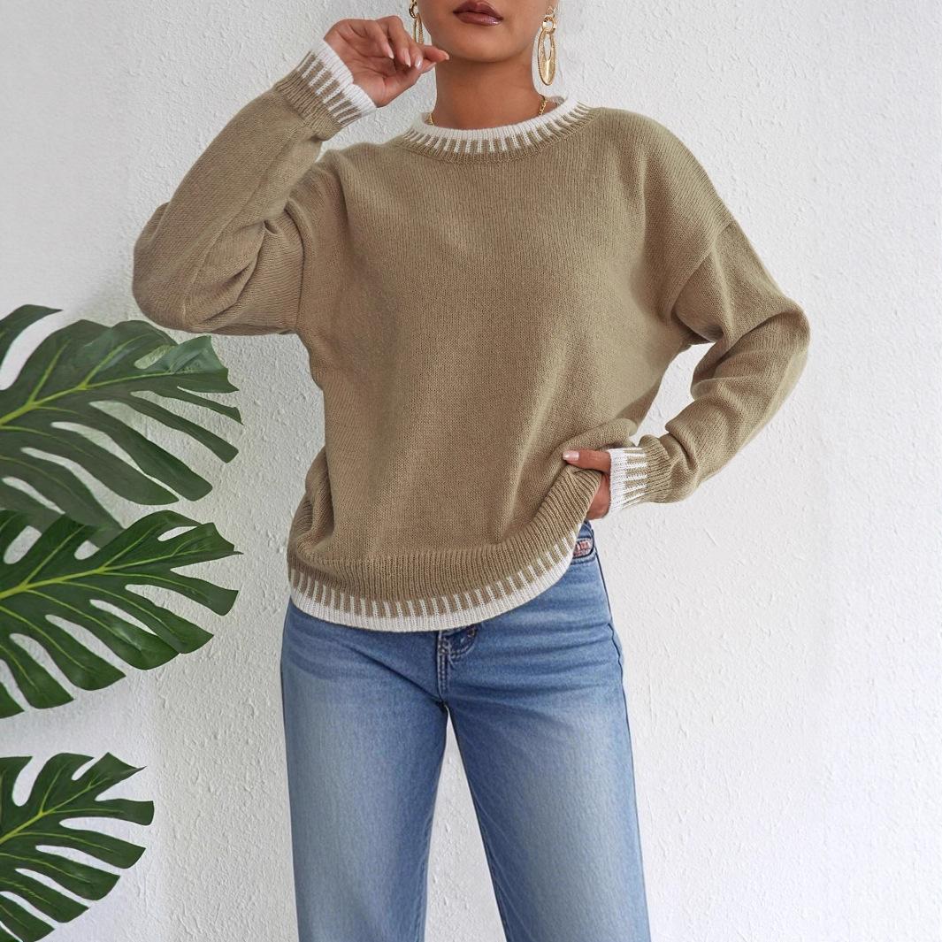 

New Autumn and Winter Casual Pullover Loose Sweater with Color-blocking and Patchwork for Women XL хакі